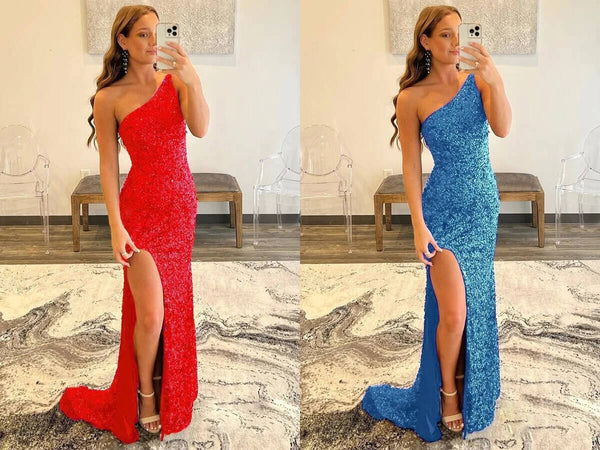 One shoulder mermaid prom dress | sequins prom dress | long prom dress | simidress.com