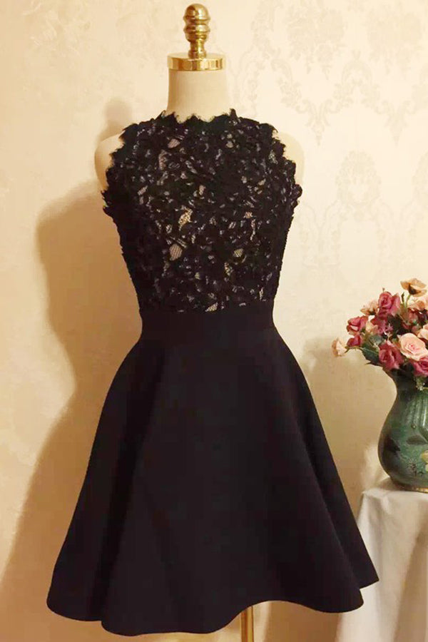 Black Halter Strapless Homecoming Dress,Appliques Short Prom Dress ...