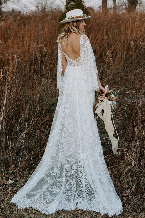 A-line V-neck Backless Lace Beach Wedding Dresses, SW538 | Simidress
