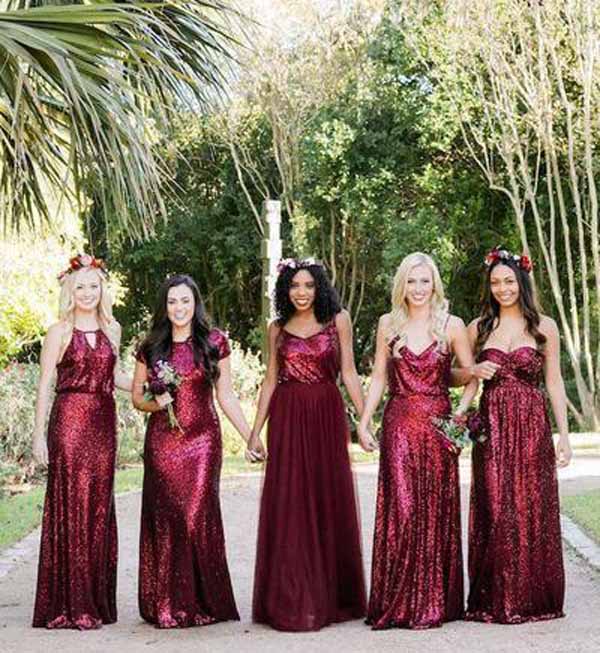 Burgundy Sequins Lace Modest Mismatched Long Bridesmaid Dresses online ...