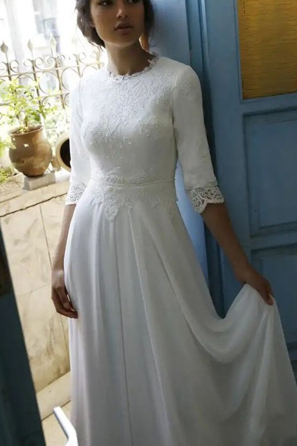 Chiffon Half Sleeves Round Neck Lace Wedding Dresses SW612 | Simidress