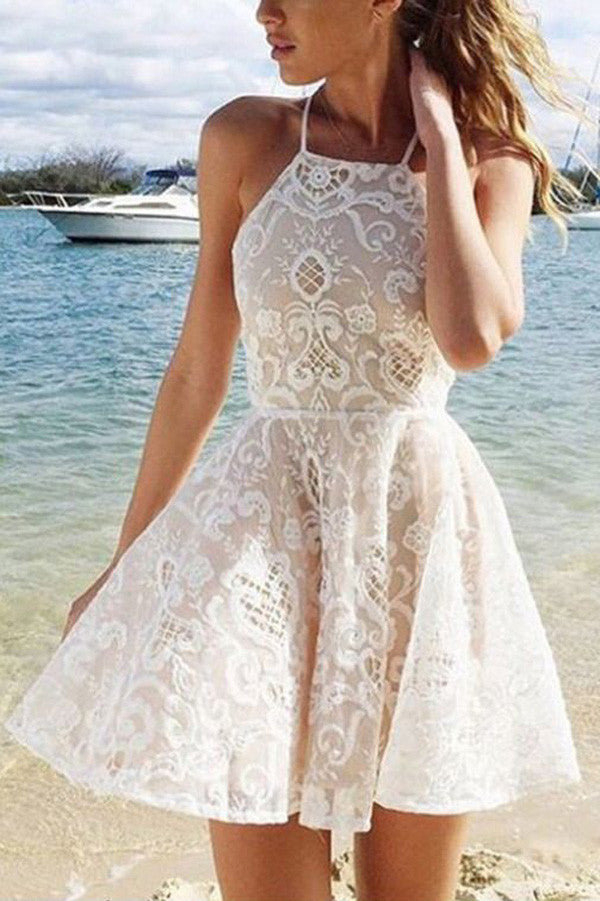 A-line White Halter Short Straps Lace Homecoming Dresses With Pleats ...