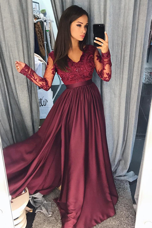 Burgundy Satin Long Sleeves A-line Long 