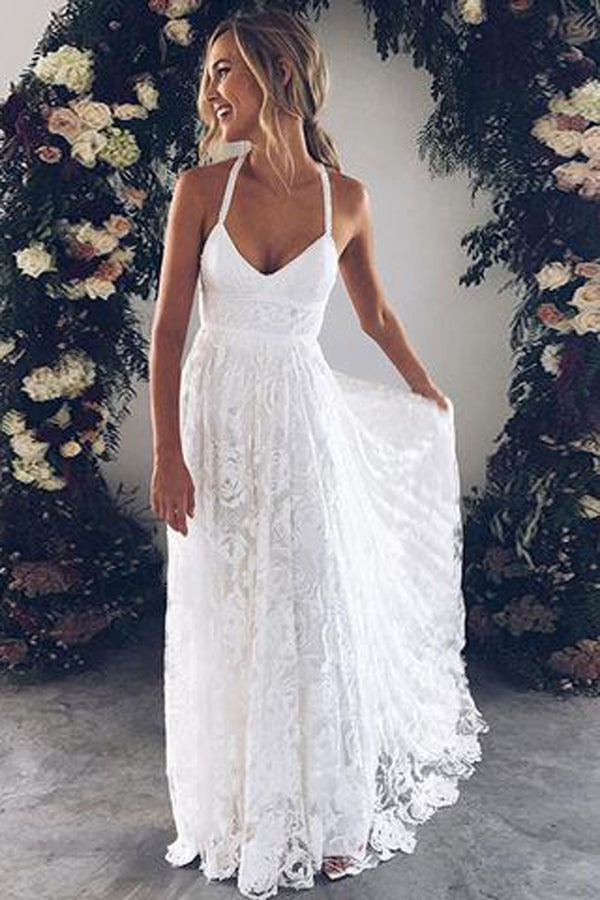 White Lace V Neck Floor Length Long Prom Dress, Evening Dresses – Simidress