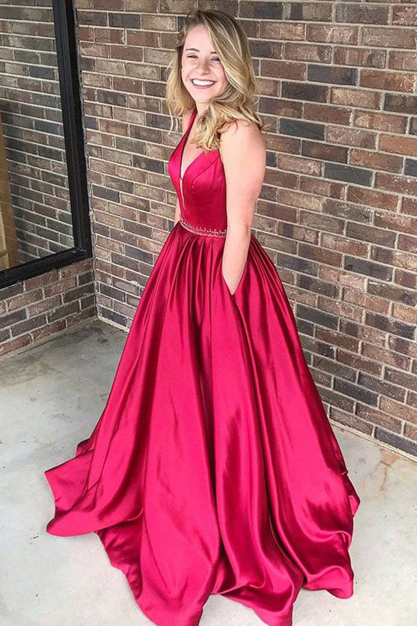 Fabulous Cheap Red A line Satin V Neck Long Prom Dress at simidress ...