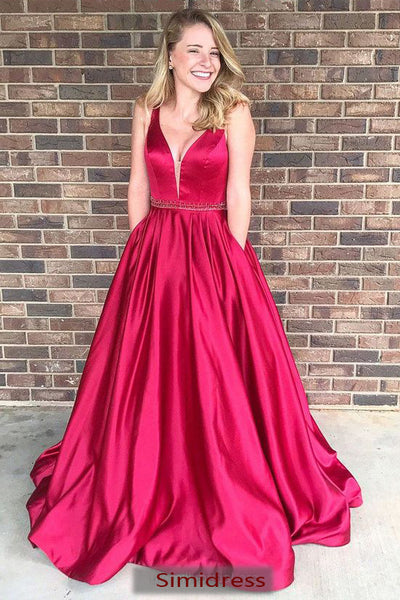 Fabulous Cheap Red A line Satin V Neck Long Prom Dress at simidress ...