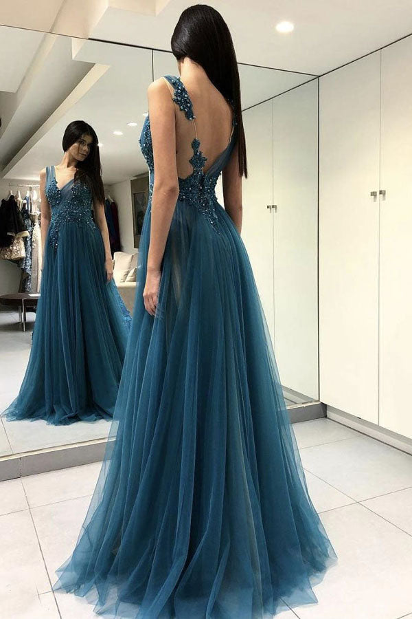 Blue See Through Thigh Slit Backless Lace Long Prom Dress with Beading ...
