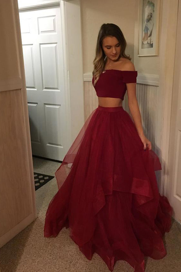 Red Two Pieces Tulle Off Shoulder Prom Dresses Cheap, Long Party Gowns
