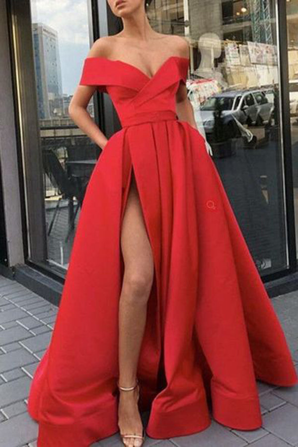 red satin off shoulder dress