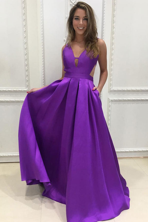 Satin A-line V-neck Long Prom Dresses, Purple Bridesmaid Dresses ...