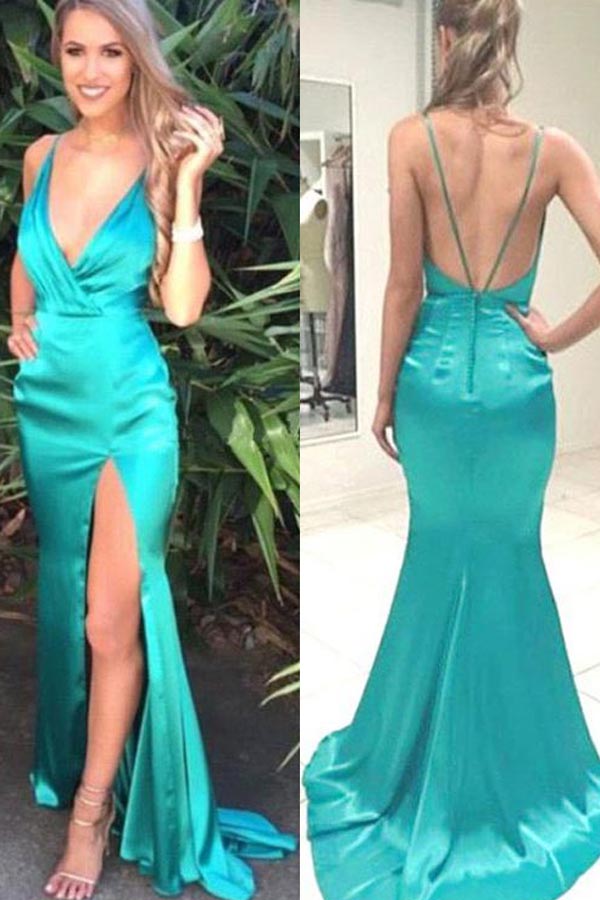 Green Sheath Deep V-Neck Split Long Prom Dresses With Sweep Train ...