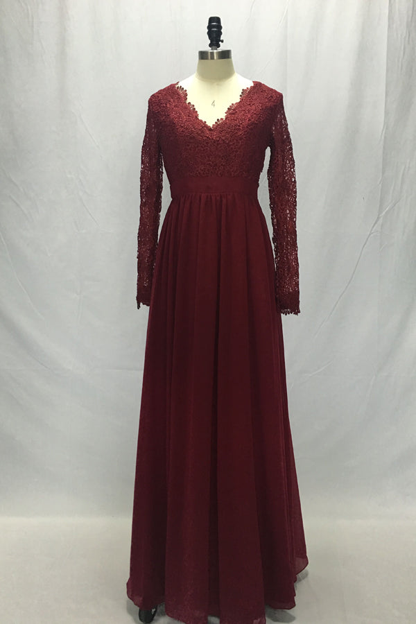 Burgundy Long Sleeves Bridesmaid Dresses, Cheap V neck Long Prom Dress ...