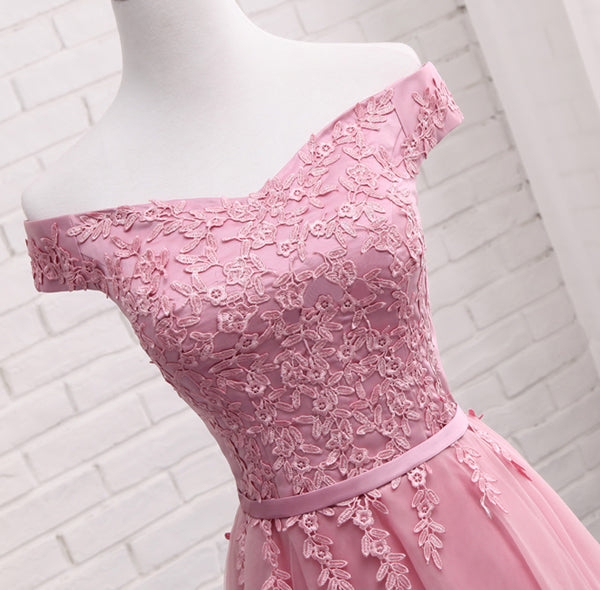 Gorgeous Pink A Line Lace Off Shoulder Prom Dress, Cheap evening dress ...