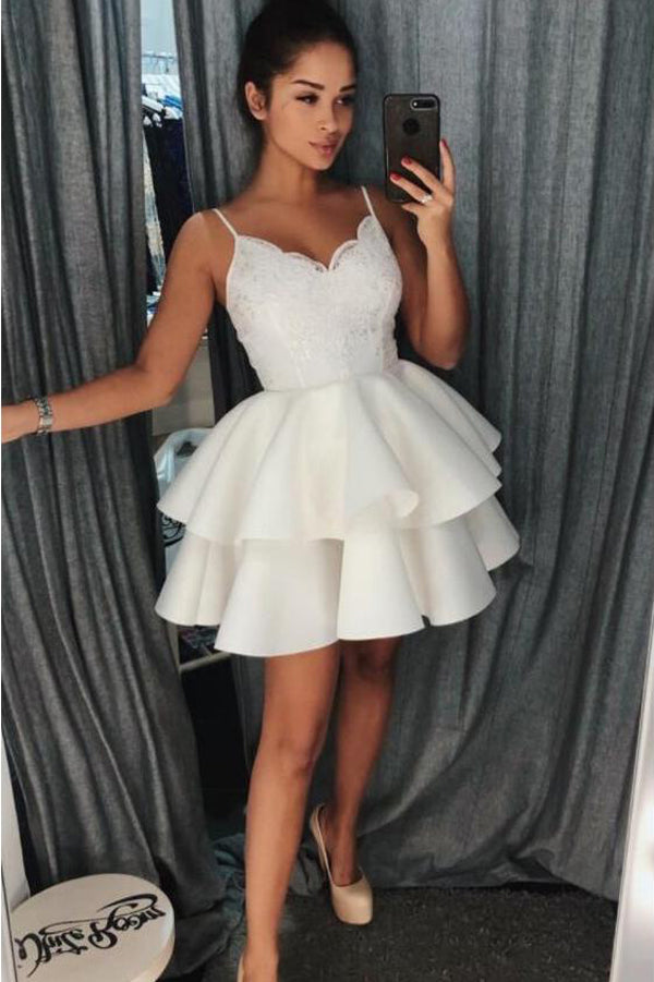 Ivory Lace Spaghetti Strap Short Homecoming Dresses V Neck Short Prom ...