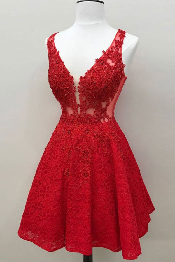 Red Lace V Neck Short A Line Skater Hoco Dress Beaded Dress