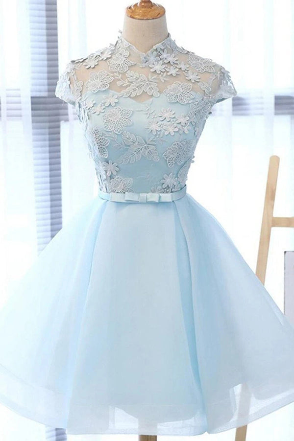 Light Blue A-line High Neck Cap Sleeves Homecoming Dress with Flowers ...