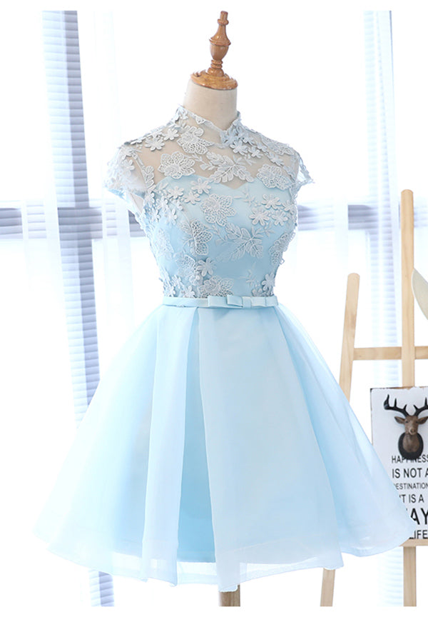 Light Blue A-line High Neck Cap Sleeves Homecoming Dress with Flowers ...