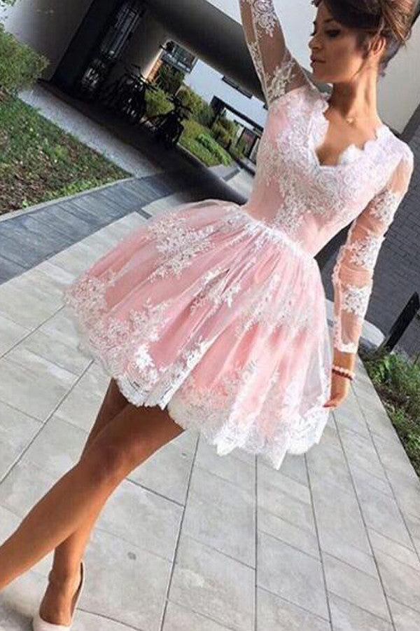 A-line Pink Short Homecoming Dress,Long Sleeves Party Dress,Prom Dress – Simidress