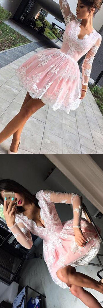 A-line Pink Short Homecoming Dress,Long Sleeves Party Dress,Prom Dress ...