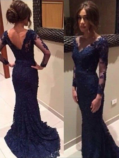 navy blue long gown with sleeves