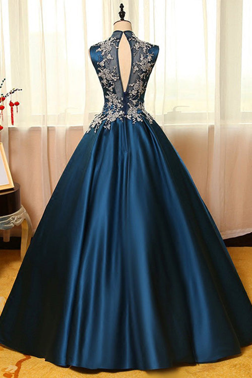 Chic Satin High Neck Ball Gown Long Prom Dresses with Appliques, SP344 ...