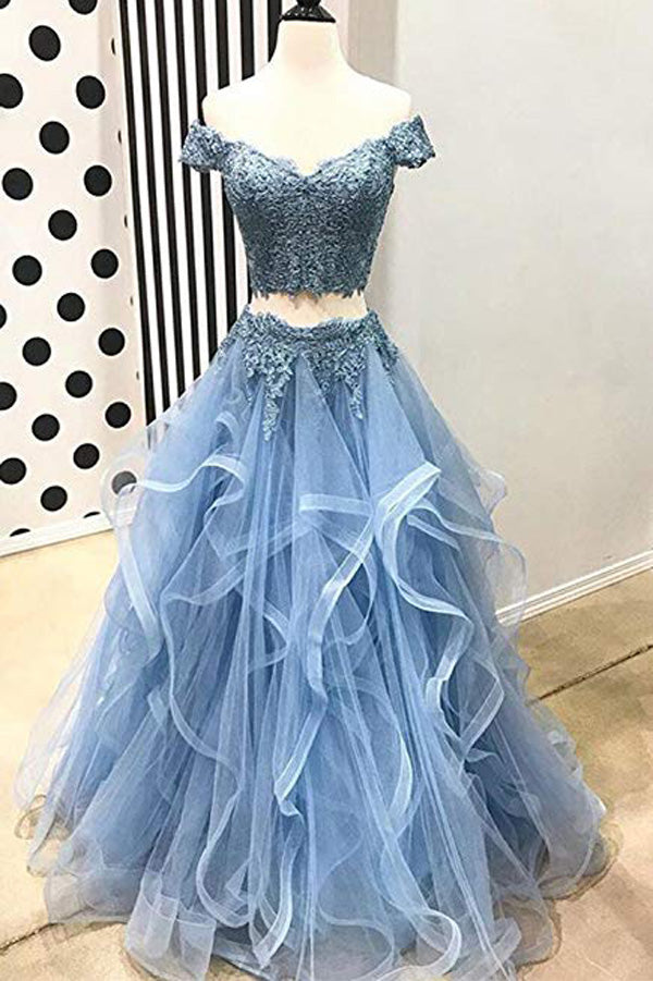 blue two piece prom dress