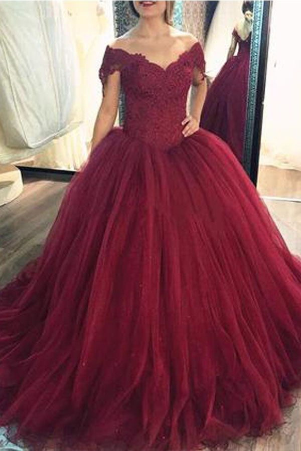 burgundy off the shoulder ball gown