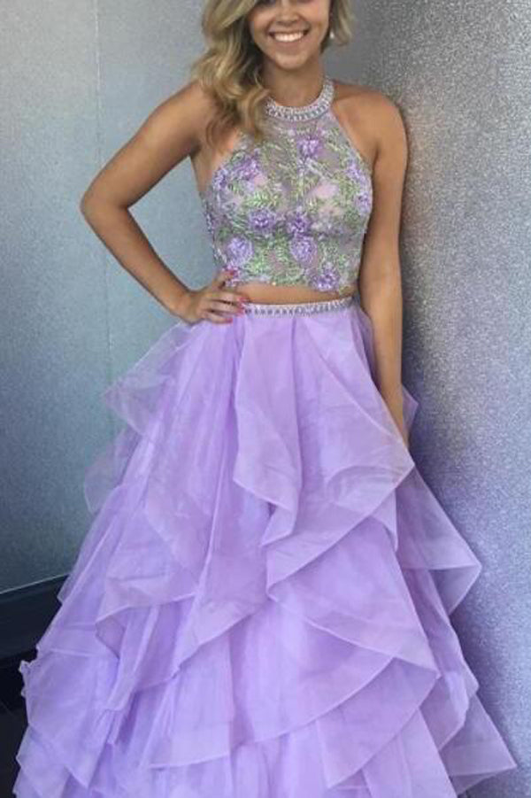 Beautiful Lilac Organza Two Piece Halter Floor-length Long Prom Dress ...