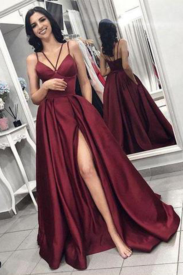 Simple Burgundy Satin Spaghetti Straps Long Prom Dress with High Slit ...