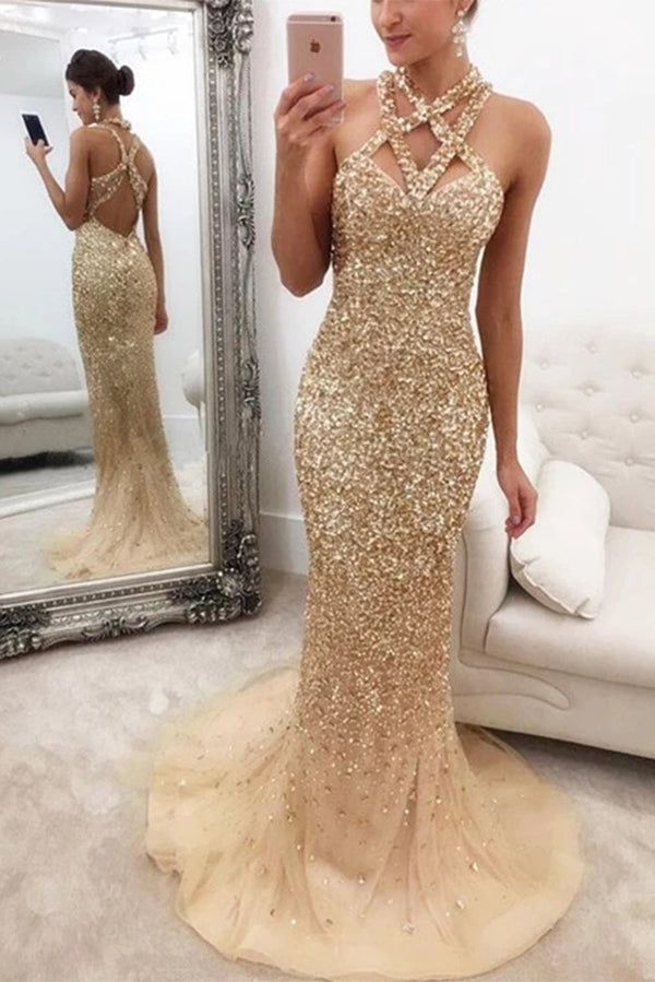 Luxury Gold Sparkly Rhinestone Halter Sheath Long Prom Dresses with Tr ...