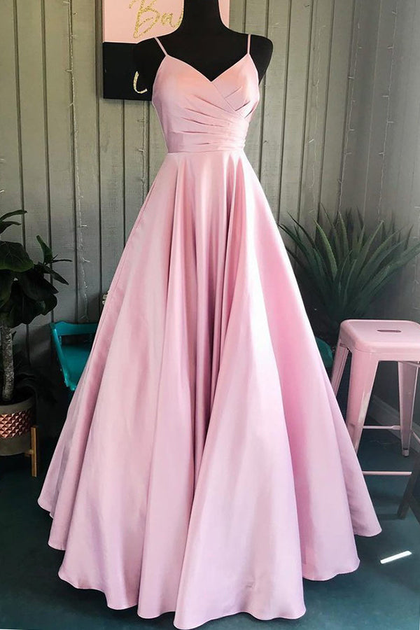 Elegant Simple Pink A Line Pleated Spaghetti Straps Satin Long Prom Dr ...