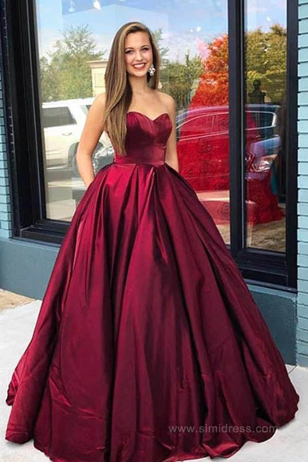 Dark Red Satin Ball Gown Floor Length Sweetheart Long Prom Dresses wit ...