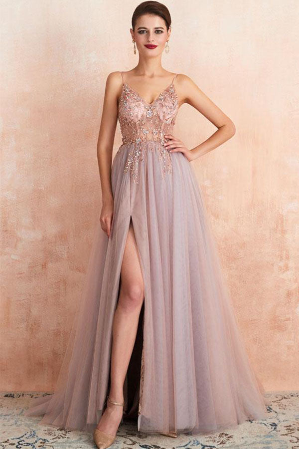 Rose Beaded Spaghetti Straps A Line V Neck Tulle Long Prom Dress With Simidress 2111