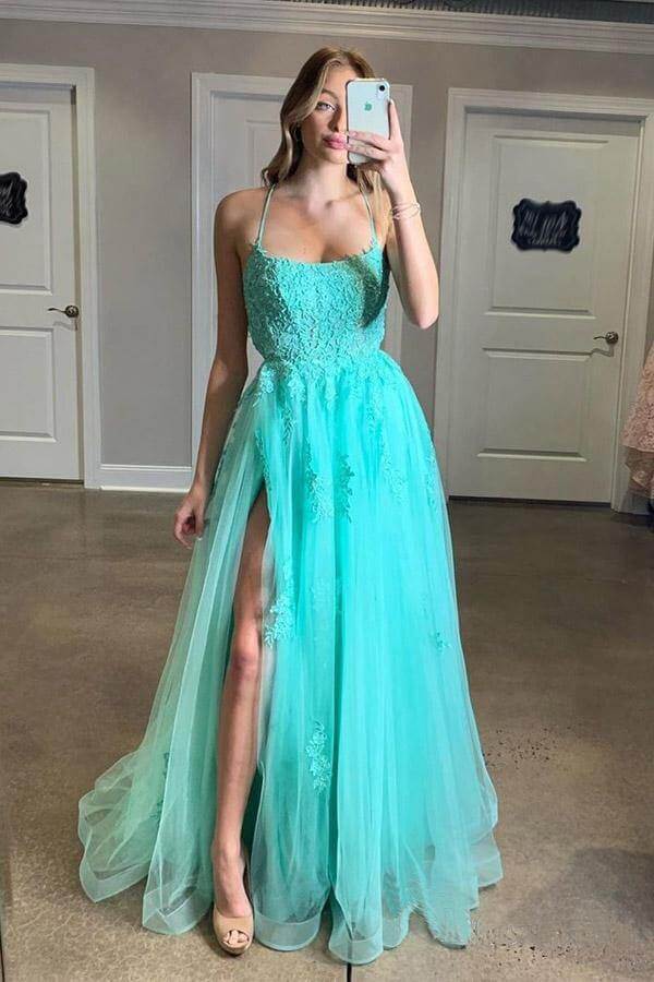 Blue Tulle Spaghetti Straps High Slit Sweep Train Prom Dress With Appl ...