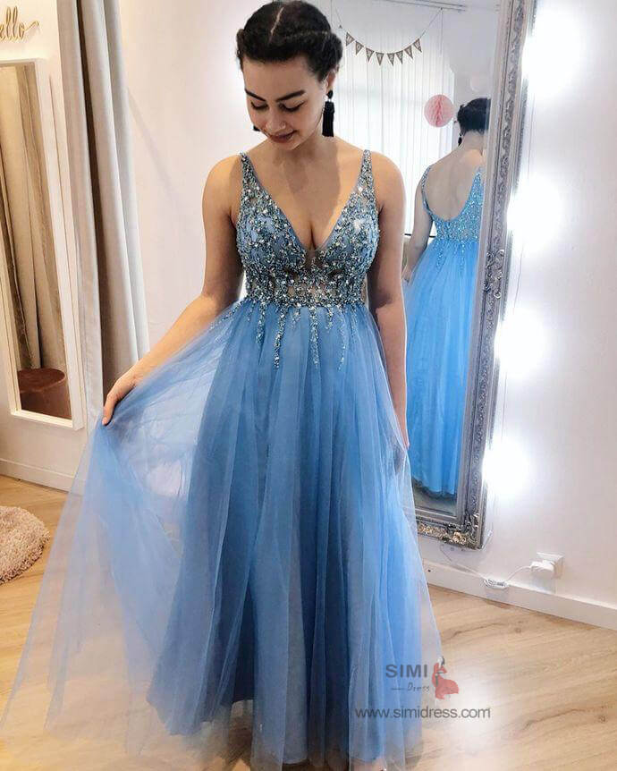 Blue Tulle A-Line V-Neck Beaded Long Prom Dresses SP659 | Simidress