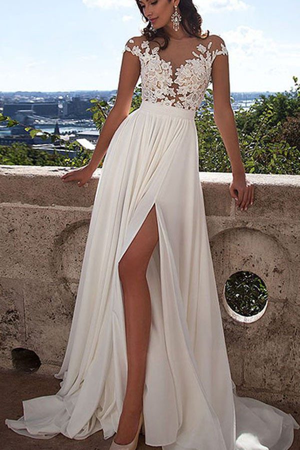 long white lace a-line prom dress