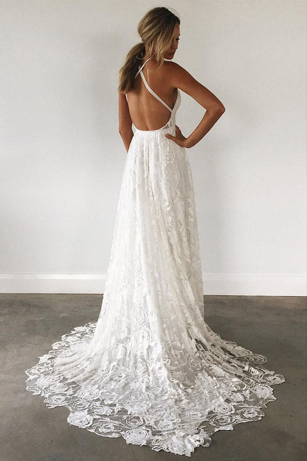 Ivory Spaghetti Strap Lace Open Back Side Split Beach Wedding Dresses ...