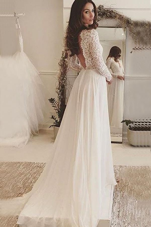 Ivory Chiffon V-Neck Long Sleeves Backless Wedding Dress with Lace