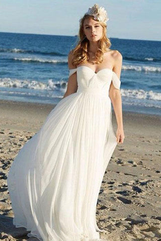 Ivory Chiffon A Line Off Shoulder Summer Beach Wedding Dresses