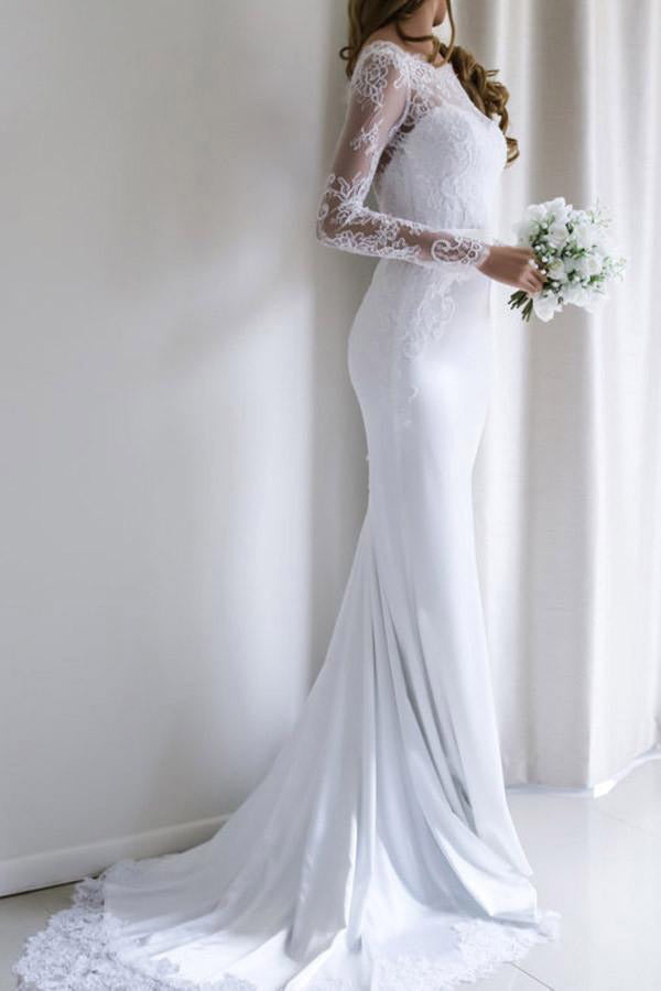 Elegant White Lace Long Sleeves Mermaid Long Wedding Dress with Train ...