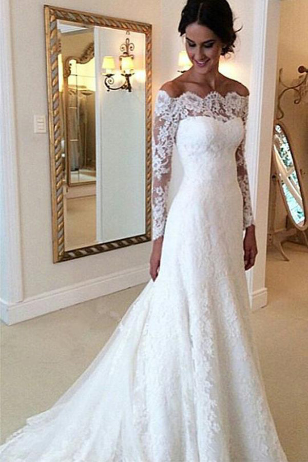 long sleeve off the shoulder bridal gowns