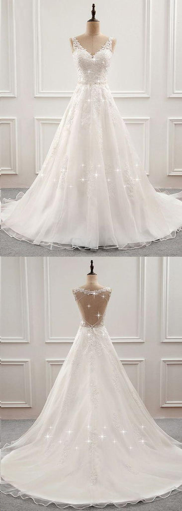 White Romantic Open Back Sweep Train Wedding Dresses with Appliques ...