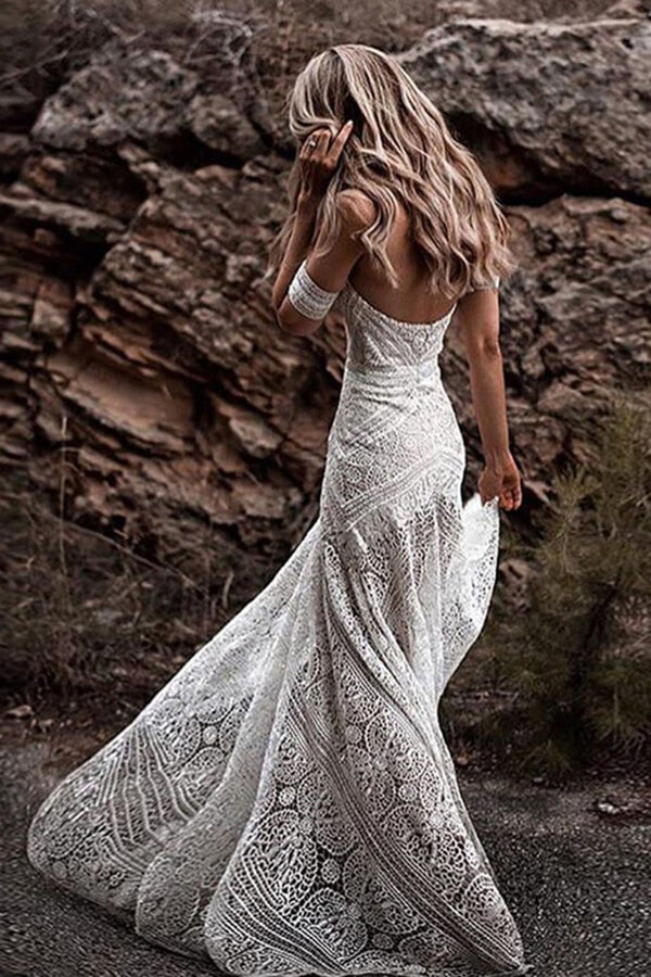 Ivory Rustic Boho Lace Sweetheart Neck Beach Wedding Dresses | Bridal