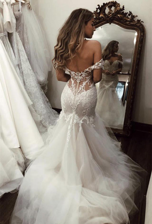 Gorgeous Mermaid Lace V-neck Off the Shoulder Wedding Dress with Appli ...