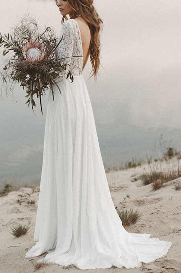 Simple Lace A-line V-neck Open Back Long Sleeves Beach Wedding Dresses ...