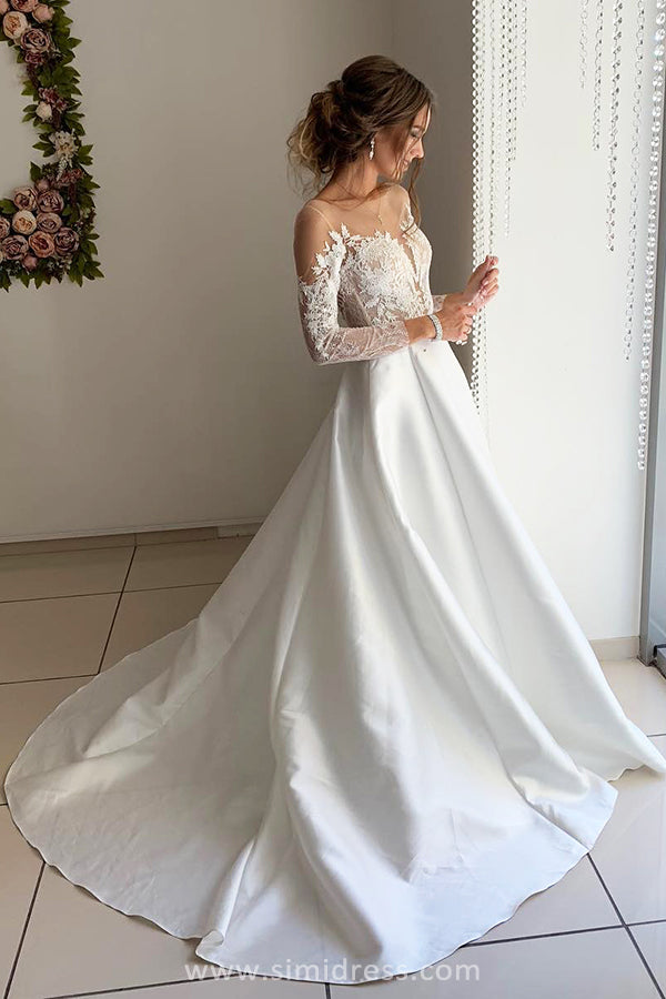 Beautiful Satin Long Sleeves Ball Gown Open Back Wedding Dresses with ...