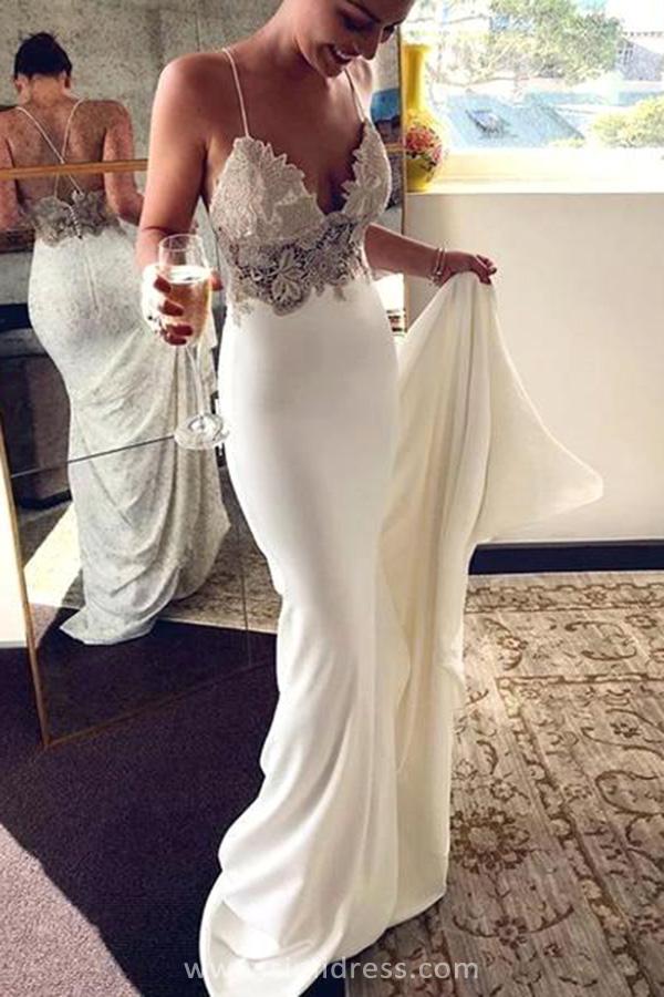 Soft Satin Boho Mermaid Spaghetti Straps Lace V Neck Beach Wedding Dre Simidress 6780