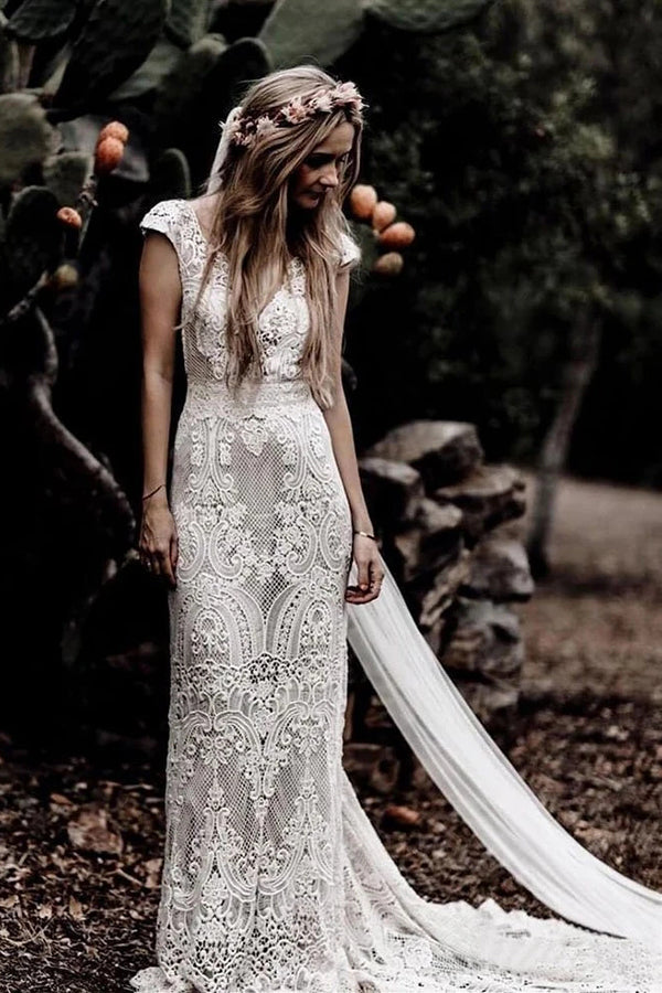 Sheath Boho Cap Sleeve Vintage Lace Rustic Wedding Dress with