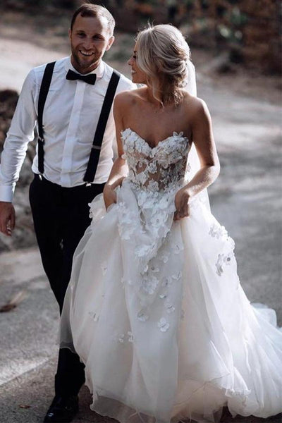 Romantic Floral Appliqued Boho Tulle A-line Sweetheart Wedding Dress ...