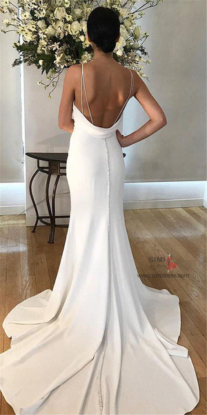 White Satin Mermaid Wedding Dresses with Buttons, SW387 | Simidress